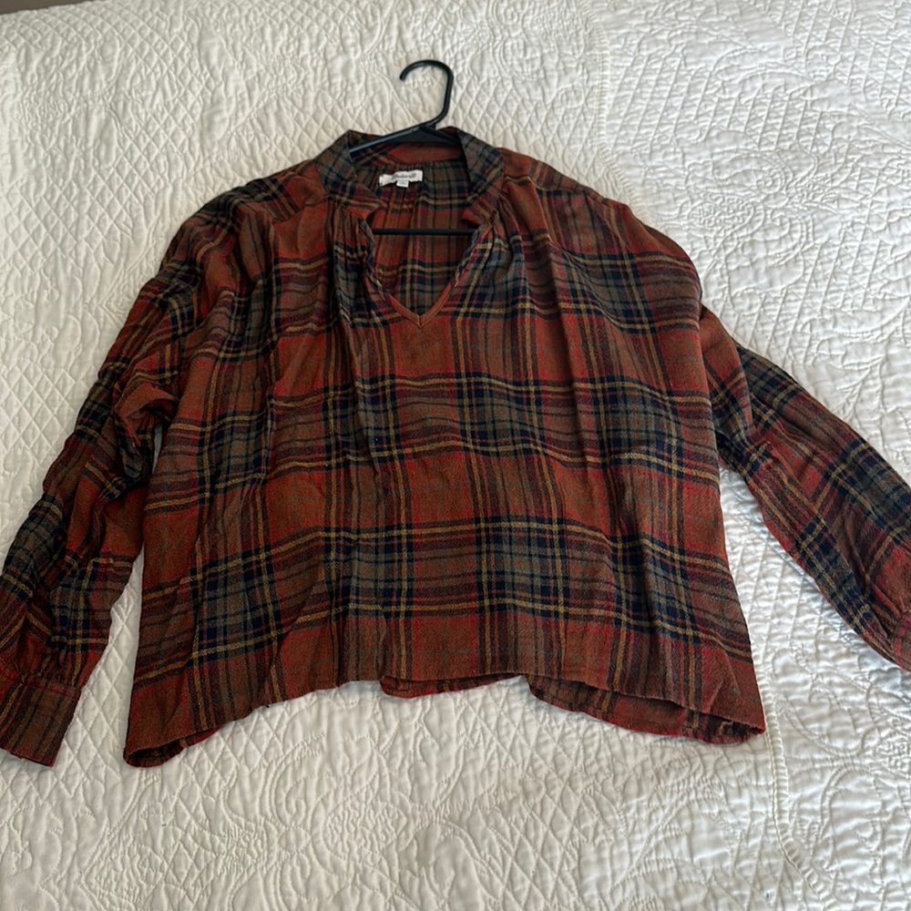 Madewell plaid top with slight belled sleeves